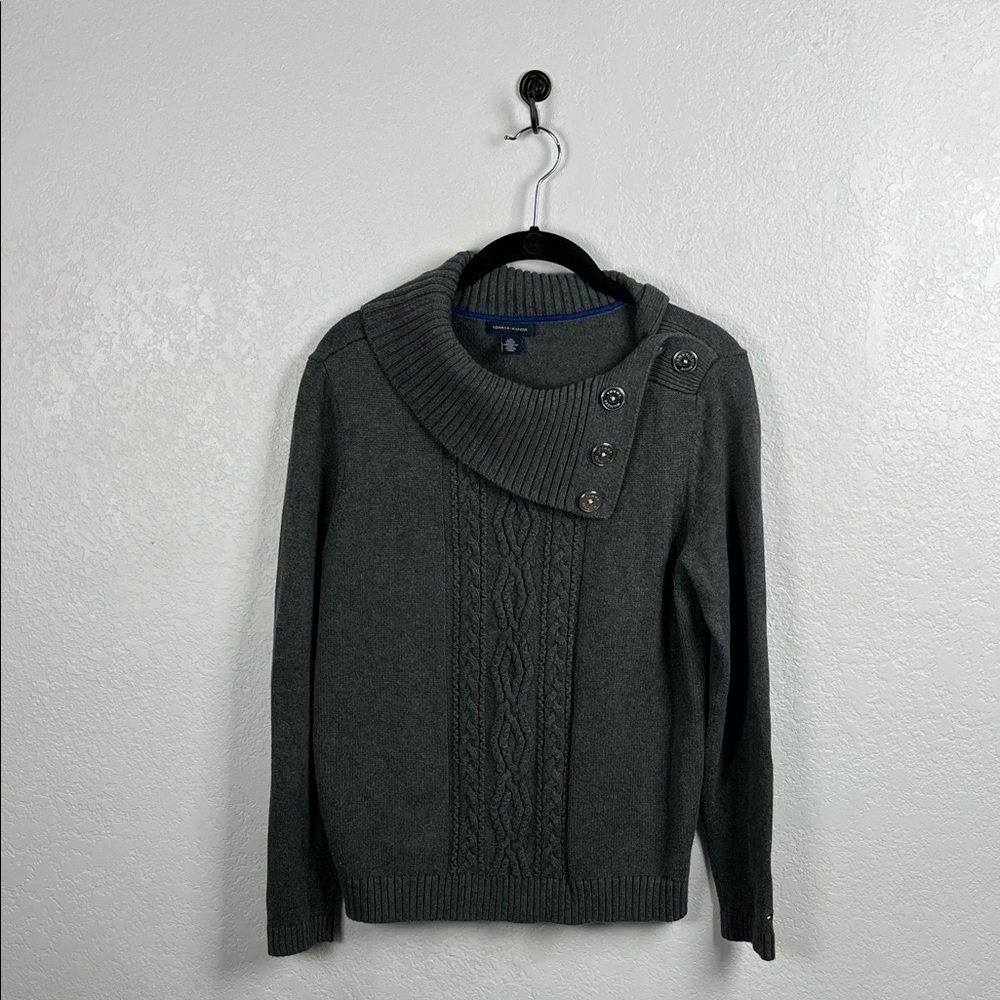 Tommy Hilfiger Women’s Dark Gray Turtleneck Sweater Cable Knit Sz L Long Sleeve